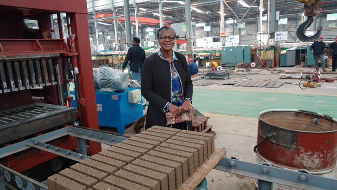 Mozambique customer inspect her GiantLin QT8-15 cement brick making machine